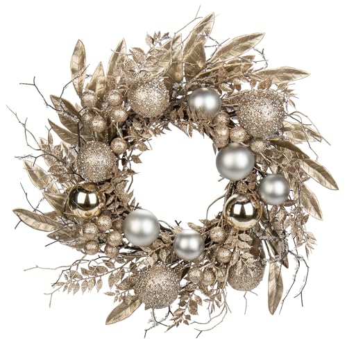 Christmas Wreath Door Wreath for Christmas – Champagne Advent Wreath with Christmas Baubles and Long Branches, Decorative Wreath Christmas Decoration Table Wreath, Diameter 40 cm