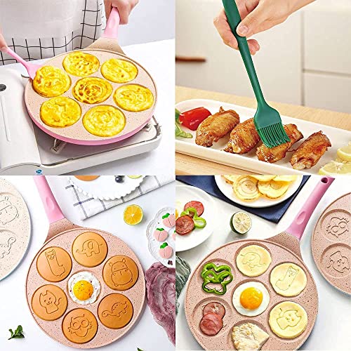 Kids Pancake Maker Pan, 7-Cup Animal Pancake Mold, Nonstick Grill Pan, Mini Blini Pancakes Mold for Children, 10 Inch, Frying Pan Omelet Pan for Burger Eggs Ham Pancake Maker With Silicone Brush (Pink)