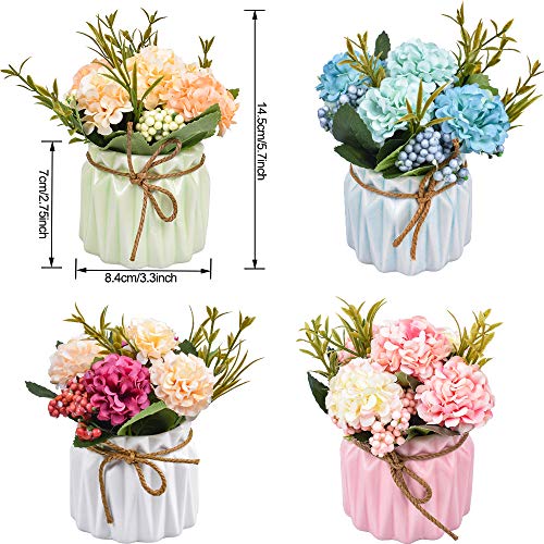 Artificial Flower Plants – Mini Fake Hydrangea Flowers in Pot for Home Decor Party Wedding Office Patio Table Desk Decoration (Set of 4)