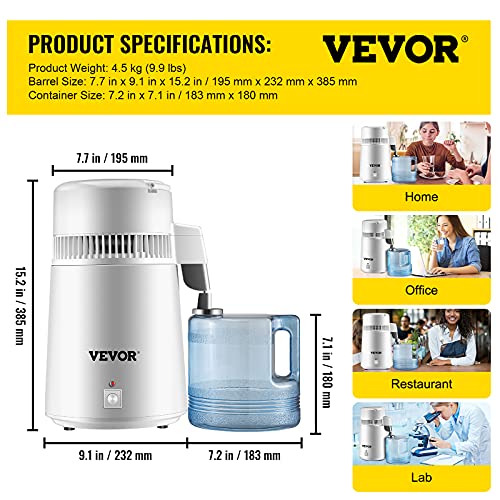 VEVOR Pure Water Distiller 4L Stainless Steel Inner Water Distillation 750W Water Purifier Filter Water Distillers Machine with Collection Bottle for Offices Homes, White