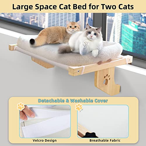 Cat Window Perch Cat Hammock Cat bed with Wood Frame for Large Cats, Easy to Adjust and Assemble Cat Bed for Windowsill, Bedside, Drawer and Cabinet, for Sunbathing, Napping & Overlooking.Comes with Warm Spacious Pet Bed(L-White Plush)