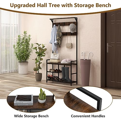 Giantex 3-in-1 Coat Rack, 180 cm Hall Tree with Shoe Bench, Shoe Storage & 9 Removable Hooks, Freestanding Industrial Entryway Storage Shelf for Living Room, Bedroom, Hallway, Rustic Brown