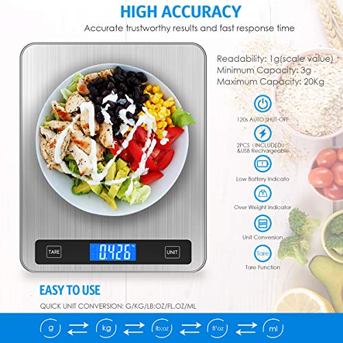 AMIR Digital Kitchen Scale, 20kg/44lb Food Scales with Large Stainless Steel Platform, USB Rechargeable Cooking Scales with LCD Screen, Electric Baking Scales with Tare Function, 5 Units