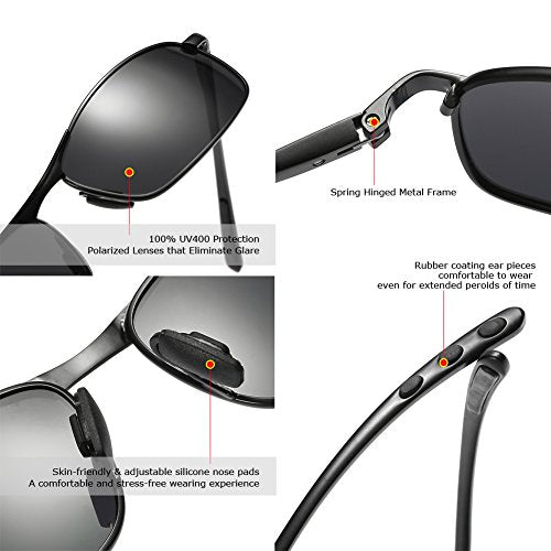 ZHILE Rectangular Polarized Sunglasses Al-Mg Alloy Temple Spring Hinge UV400 (Black, Grey)