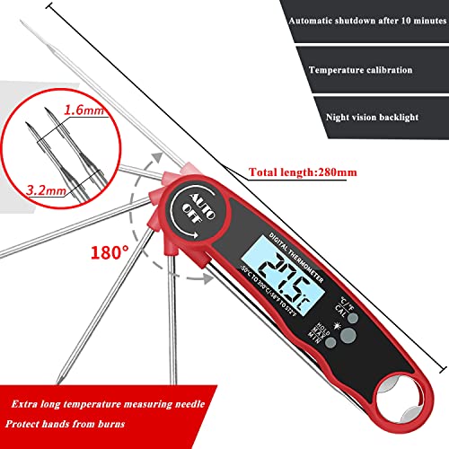 AIKIDS Meat Thermometer Food Thermometer - Waterproof Digital Instant Read Kitchen Thermometer with Backlight and Hold Record, with Magnet and Corkscrew for Cooking Deep Frying Grilling BBQ Liquids