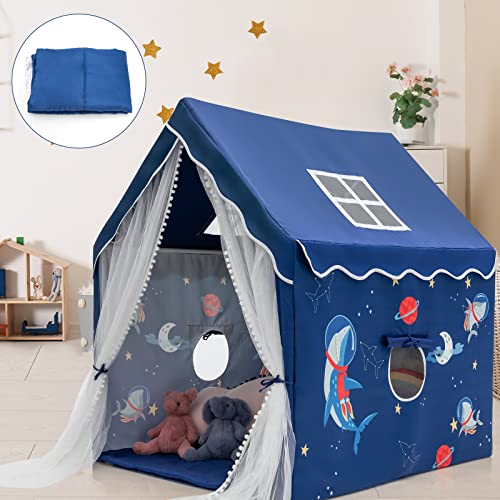 HONEY JOY Kids Playhouse with Padded Cotton Mat, Kids Play Tent for Girls Boys w/Longer Mesh Curtain, Solid Frame, Roll-Up Windows, Indoor and Outdoor Play Tent Castle Playhouse for Children (Blue)