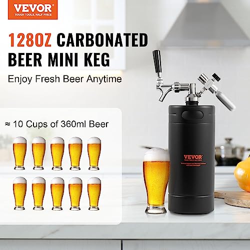 VEVOR Beer Growler Tap System, 4L/128oz Mini Keg, 304 Stainless Steel Pressurized Beer Growler, Keg Growler with Pressure Display, CO2 Regulator Faucet, Leak-Proof Ring for Draft, Homebrew, Craft Beer