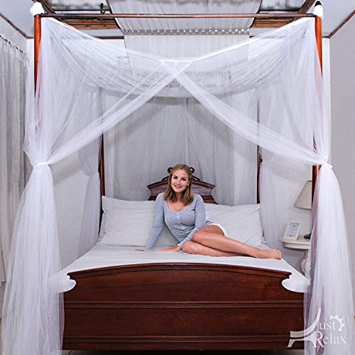 (White) - Just Relax Four Corner Post Elegant Mosquito Net Bed Canopy Set, White, Full/Queen/King, 86.6x 78.18cm x 250cm