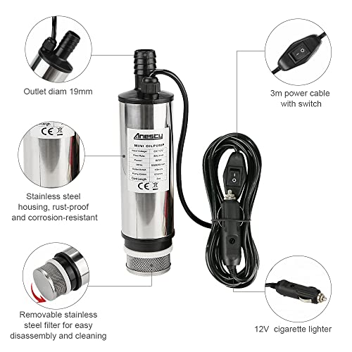 Stainless Steel Transfer Pump 12 V 51 mm Water Pump Submersible Pump for Car Diesel Oil Fuel Transfer Pump with Cigarette Lighter Removable Filter 3 m Cable + PVC Transparent Hose