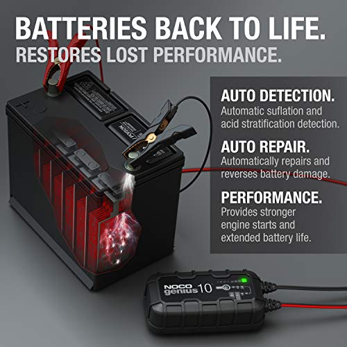 NOCO GENIUS10AU, 10A Smart Battery Charger, 6V and 12V Portable Car Battery Charger, Battery Maintainer, Trickle Charger and Desulfator for Automotive, Motorcycle, Motorbike, AGM and Lithium Batteries