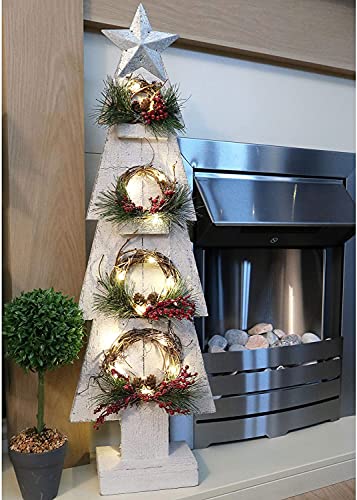 SHATCHI Christmas Holiday Home Décor Battery Operated Wooden Tree Tabletop Centrepiece with Wreath and 15 Small Warm White Bulbs – (Grey/Red/Green), 80cm, Wood, 25 x 10 x 80H cm