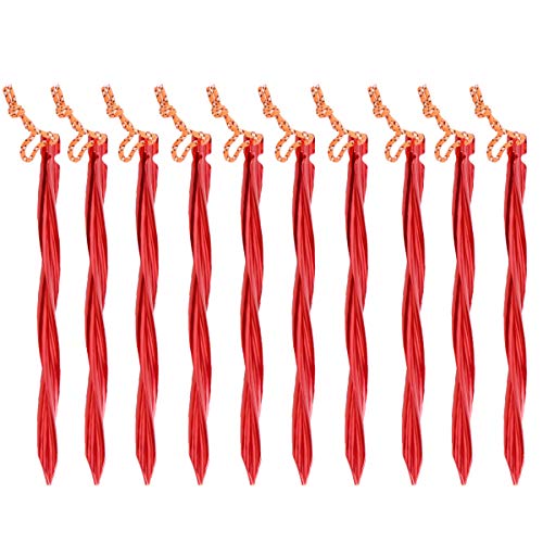 TRIWONDER 10 Pack Lightweight Heavy Duty Aluminum Tent Stakes Pegs (Red - Swirled Shape - 9.84 Inches)