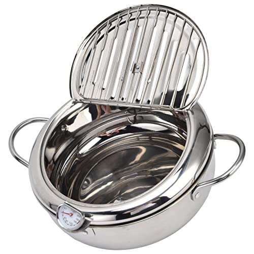 Deep Fryer Pot, 304 Stainless Steel Frying Pot with Thermometer & Lid High Temperature Resistance Nonstick Tempura Fry Pot Portable Mini Deep Fryer for French Fries Shrimp Chicken (Stainless Steel Color)