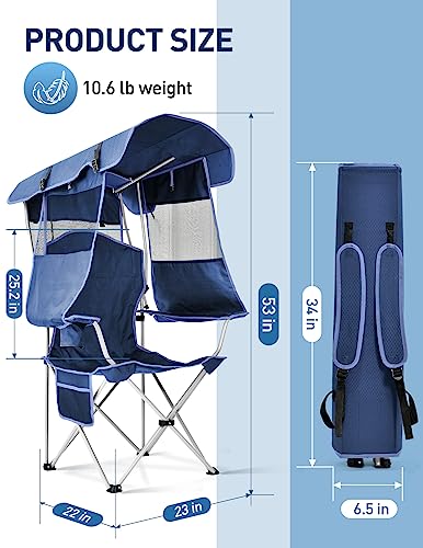 Docusvect Beach Chair with Canopy Shade, Canopy Beach Chair for Adults with Cup Holder, Side Pocket for Camp, Beach, Tailgates, Fishing - Support 330 LBS