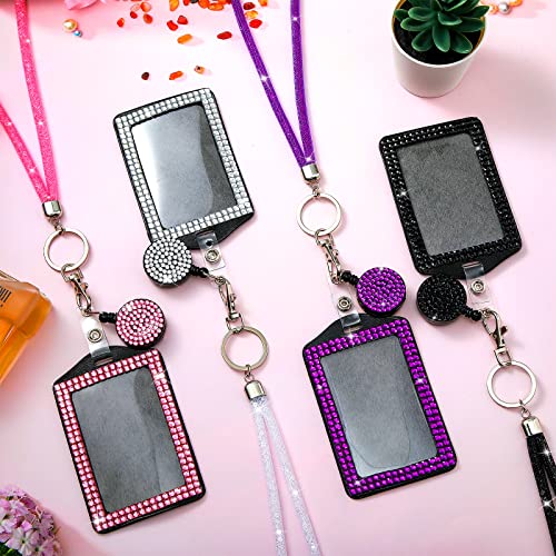 4 Set Rhinestone Bling Lanyard with ID Badge Holder Lanyard for ID Badge Diamond Crystal ID Card Holder Retractable Lanyard with Metal Clasp Key Ring for Women