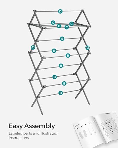 SONGMICS Foldable Clothes Drying Rack, Laundry Drying Rack, Clothes Airer, Steel Frame, 14.6 x 29.5 x 53.2 Inches, Easy Assembly, Indoor Outdoor Use, Gray ULLR770G01