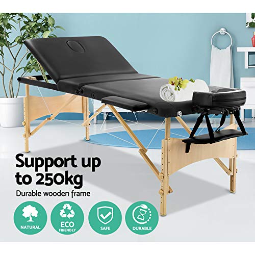 Zenses Massage Table 75cm Portable 3 Fold Wooden Beauty Bed Black