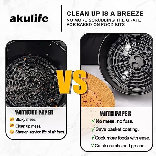 akulife Air Fryer 100 Pcs Round Paper Liners Disposable Large for 5 to 8 Qt Basket, 8.9 inch Unbleached Non-Stick Oil-Proof Parchment Paper