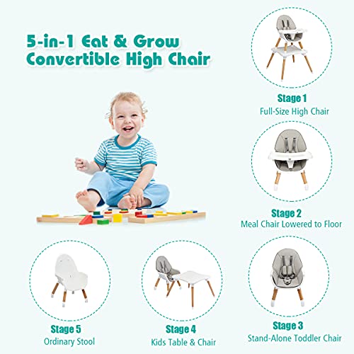 BABY JOY 5 in 1 High Chair, Convertible High Chairs for Babies and Toddlers/Booster Seat/Table and Chair Set, Infant Wooden Highchair w/ 5-Point Harness, 4-Position Removable Tray & PU Cushion (Gray)
