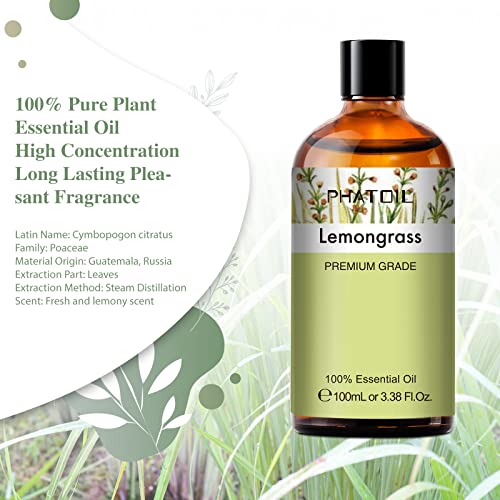 PHATOIL Lemongrass Essential Oil 100ML, Essential Oils for Diffuser, Humidifier, Aromatherapy, DIY Candle and Scented Products Making (Lemongrass, 100ml)