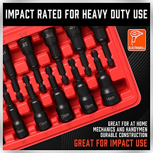 12-Piece Magnetic Nut Driver Set - Premium Impact Power Hex Nut Driver Drill Bit Master Kit, SAE & Metric, 1/4-Inch Quick-Change