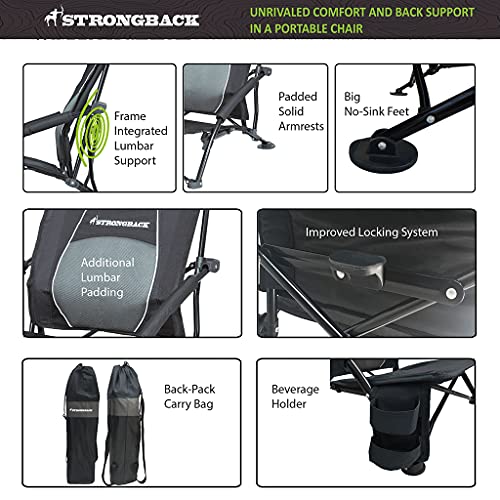 STRONGBACK Low Gravity Beach Chair with Built-in Lumbar Back Support, Heavy Duty Portable Folding Beach Chair for Adults, Black