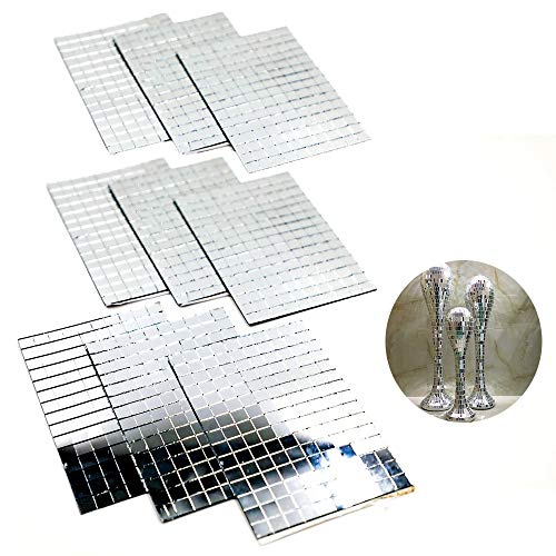 1 x 1 cm x 1300 Pcs, 9 Sheets Glass Mosaic Tiles Bulk Square Mirror Tiles Self-Adhesive Real Glass Craft Mini Square & Round