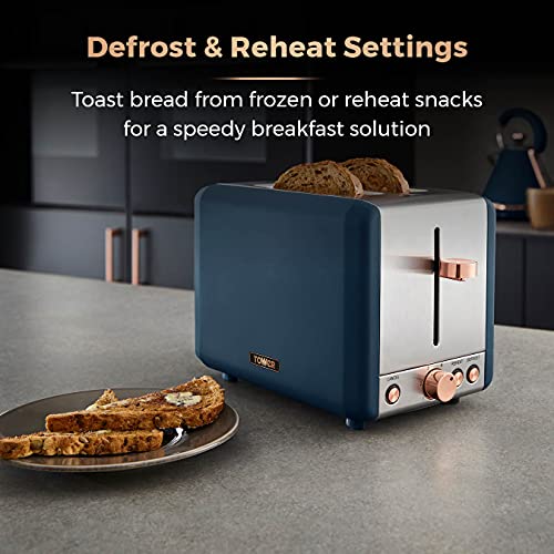 Tower T20036MNB Cavaletto 2-Slice Toaster with Defrost/Reheat, Stainless Steel, 850W, Midnight Blue and Rose Gold