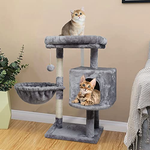 SYANDLVY Small Cat Tree for Indoor Cats, Activity Cat Tower with Scratching Post for Kittens, Climbing Stand with Basket & Condo for Play Rest (Grey)