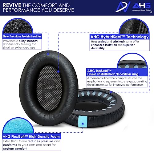 AHG Premium QC45 replacement ear pads cushions compatible with Bose QuietComfort 45/Bose QC45 noise cancelling headphones. Premium Protein Leather, Extra Thick High-Density Foam & Durable (QC45-BLACK)