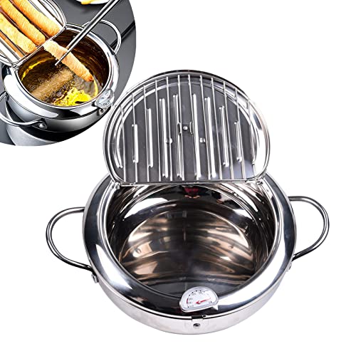 KIDYBELL Deep Fryer Pan 304 Stainless Steel Tempura Frying Pot Japanese Style Fryer With Thermometer，Lid and Oil Drip Rack(24cm/9.4inch)