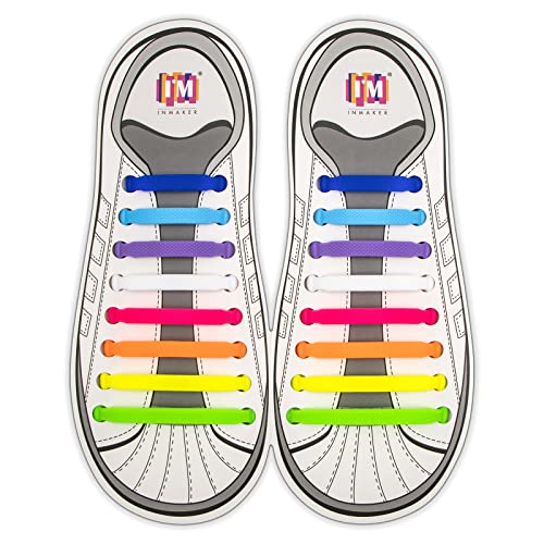 INMAKER Shoelaces Without Tying for Children and Adults, Silicone Flat Shoelaces for Trainers, Elastic Shoe Laces for Running Shoes, Shoe Laces, multicoloured, 12 Stücke für Kind