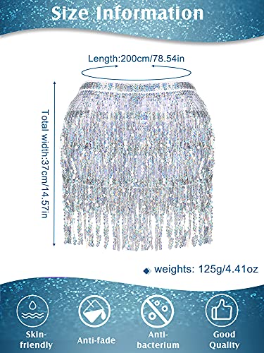 SATINIOR 2 Pieces Belly Dance Skirt Sweet Sequin Tassel Skirt Wrap Performance Bling Sequins Skirt Performance Outfit for Women White