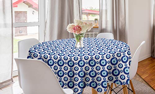 Ambesonne Evil Eye Round Tablecloth, Symmetrical Pattern All Seeing Eye Superstitious Turkish Ethnic, Circle Table Cloth Cover for Dining Room Kitchen Decoration, 60", White Blue