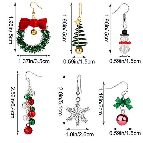 6 Pairs Christmas Dangle Earrings Set Snowflake Santa Tree Bells Snowman Earrings Pierced Hook Drop Earrings for Women, Metal, alloy