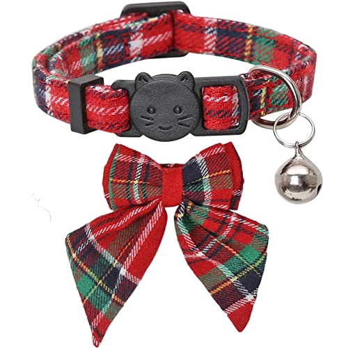 Christmas Cat Collar Breakaway with Cute Removable Bow Tie and Bell for Kitty Adjustable Safety Plaid