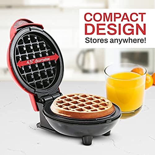 Electric Nonstick Mini Waffle Maker, Belgian Waffles, Compact Design, Hash Browns, Keto, Snacks, Sandwich, Eggs, Easy to Clean (Red)