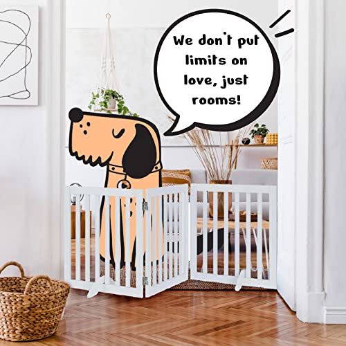 Charlie's 4 Panel Freestanding Wooden Pet Gate for Dog Cat Suitable for Doorways Halls Bedrooms Staircases Laundry Rooms Backyards No Drilling Durable Portable Indoor/Outdoor - White 204cmx1.8cmx61cm