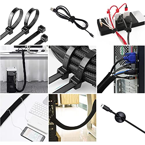 [152 Pcs] Cord Management Organizer Kit, 4 Split Cable Sleeve, 36 Self Adhesive Cable Clips Holder 10 Pcs, 2 Rolls of Self Adhesive Ties, 100 Fastening Zip Cable Ties (Black)