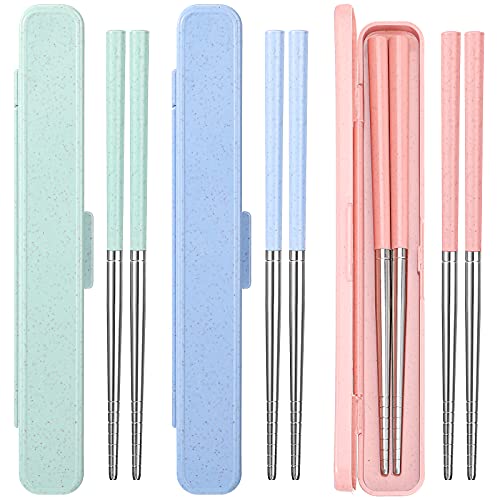 3 Pieces Reusable Chopsticks with Case, Portable Chopsticks Flatware Set, Metal Stainless Steel Travel Chop Sticks with Wheat Straw Handle, Japanese Chinese Korean Chopsticks for Bento Box