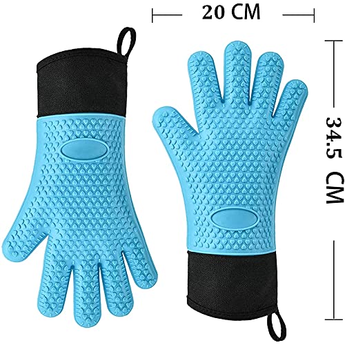 Long Thick Silicone Kitchen BBQ Gloves , Heat-resistant Non-slip Microwave Oven Mitts,Kitchen Baking Cooking Canvas Stitching Grilling Gloves with Inner Cotton Layer for BBQ,Cooking, Baking,Smoker