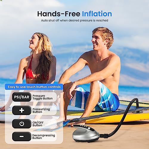 SereneLife Premium Compact Digital Air Pump Compressor with Preset PSI Auto Shut Off for Inflating SUP Paddle Boards, Boats, Rafts, Pool Toys, Water Sports 12V DC Car Connection (SLPUMP10)
