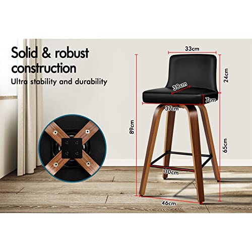 ALFORDSON Bar Stools 2X Swivel Kitchen Barstools 65cm Seat Height Wooden Counter Stool with Back Footrest Adjustable Leg Levelers Leather Home Dining Chair (Bailey All Black)