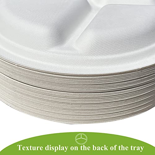 100% Compostable 50pc * 10“ Heavy-Duty Pulp Molded Stronger Paper Plate for Happy Party Set, Perfect for Christmas Carnival Catering Serving, 3 Compartment Eco-Friendly Disposable White Bagasse