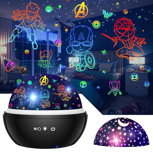 MOKOQI Kids Light Projector Superhero Toys for Boys 5-7 Avengers Night Light Projector for Kids Room, 360 Degree Rotation Toddler Nightlights with Spiderman and Star Projector