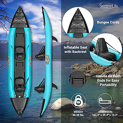 SereneLife 2 Person Inflatable Kayak - Double Kayak with Aluminum Paddles, Repair Kit - Lightweight, Portable Adult Kayaks with High-Output Pump - Durable Vinyl Kayak for Lake, Mild River – Aqua