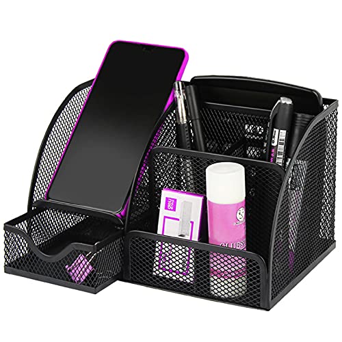 ZDZBLX Desk Organiser, Mesh Desk Tidy Multifunctional Pen Holder, Pen Pot Desktop Organiser, Upgraded Office Stationary Organiser Desk Accessories Storage with Drawer for School, Home, Office(Black)
