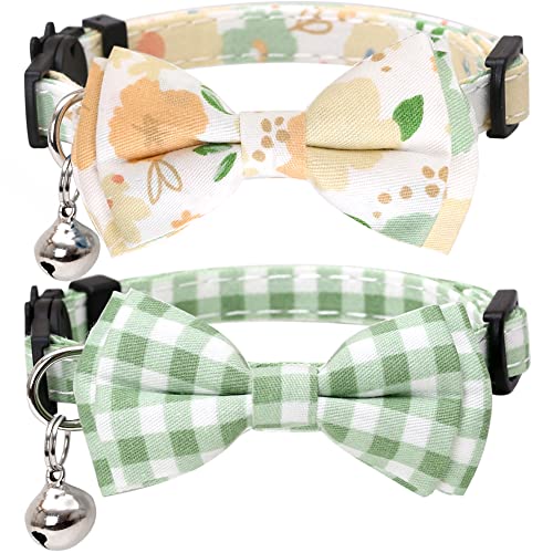 2 Pack/Set Cat Collar Breakaway with Cute Bow Tie and Bell Plaid Flower for Kitty Adjustable Safety