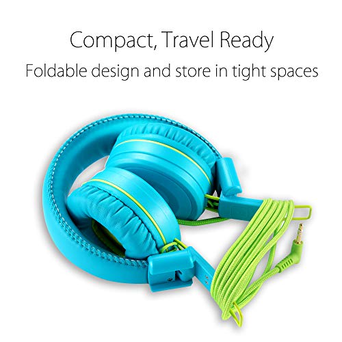 Kids Headphones-noot products K22 Foldable Stereo Tangle-Free 3.5mm Jack Wired Cord On-Ear Headset for Children/Teens/Boys/Girls/Smartphones/School/Kindle/Airplane/Plane/Tablet (Teal/Lime)