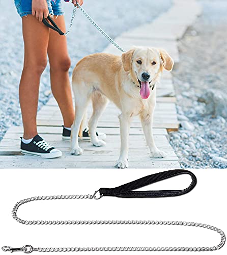 Chain Anti Bite Metal Dog Lead Dog Chain Lead Heavy Duty for Dogs Training and Walking with Padded Handle Black